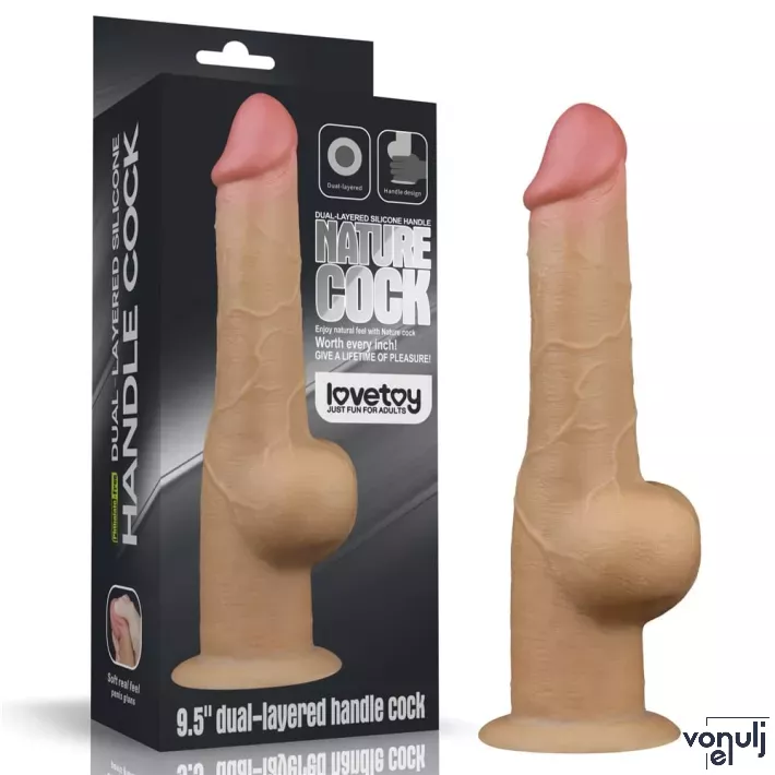 LOVETOY élethű dildó 9,5" NATURE COCK PLATINUM - nagy méretű, teljes méretű herékkel, kétrétegű, hosszított, letapasztható, szilikon (24 cm)
