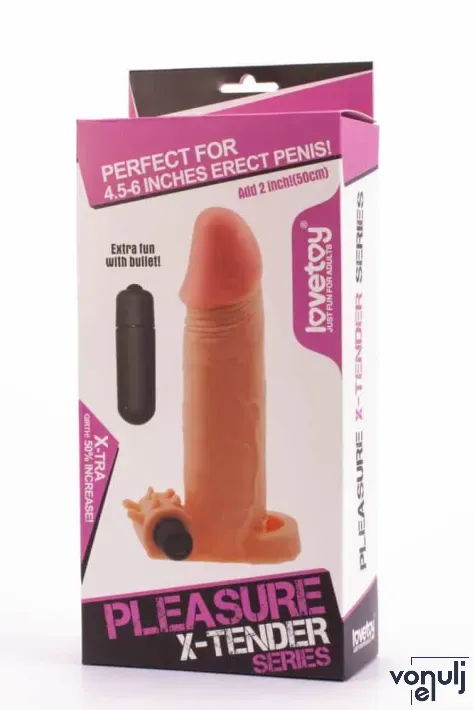 LOVETOY péniszköpeny Pleasure X-Tender Vibrating Penis Sleeve 2 - realisztikus, testszínű, vibrációs funkcióval, vízálló, elemes, (17,5 cm)