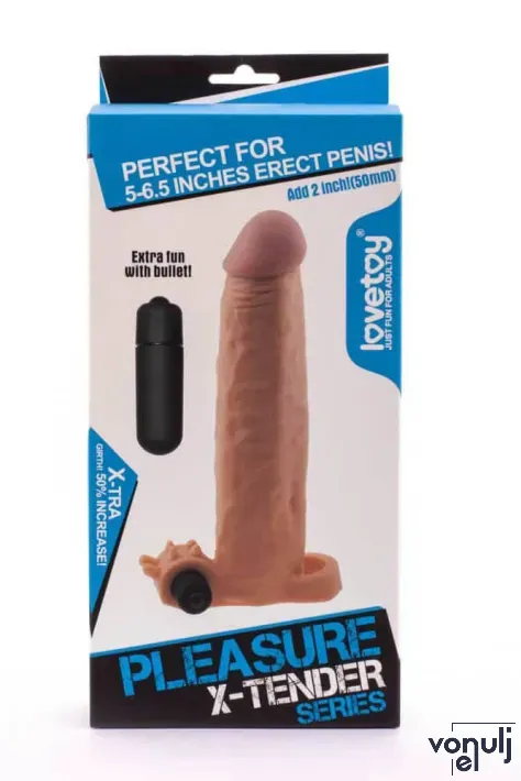 LOVETOY péniszköpeny Pleasure X-Tender Vibrating Penis Sleeve 4 - realisztikus, testszínű, vibrációs funkcióval, vízálló, elemes, (19 cm)