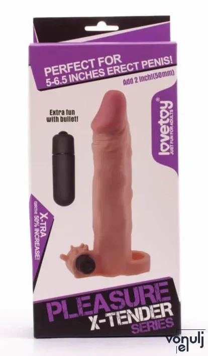 LOVETOY péniszköpeny Pleasure X-Tender Vibrating Penis Sleeve 3 - realisztikus, testszínű, vibrációs funkcióval, vízálló, elemes, (18,5 cm)