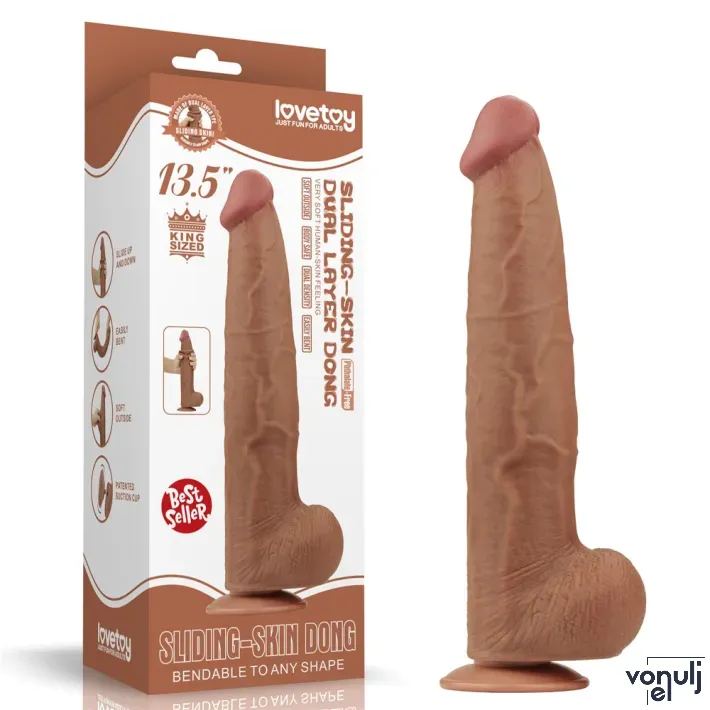LOVETOY élethű dildó 13,5'' King Sized Sliding Skin Dual Layer Dong Brown - extra nagy méretű,herékkel,kétrétegű,letapasztható,vízálló,TPE(34 cm)