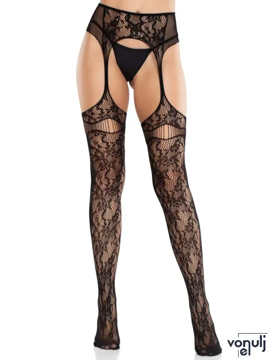 Szexi harisnya Leg Avenue Net Stockings with Attached Garter Belt O/S