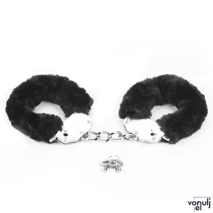 LOVETOY bilincs Fetish Pleasure Fluffy Hand Cuffs Black - fém, fekete plüss borítással