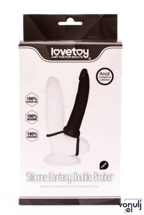 LOVETOY anál dildó Silicone Fantasy Double Prober - fekete színben, heregyűrűvel rögzíthető, vízálló, 15 cm
