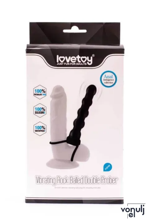 LOVETOY felcsatolható anál vibrátor Vibrating Fantasy Double Prober - fekete színben, heregyűrűvel rögzíthető, elemes, 16 cm