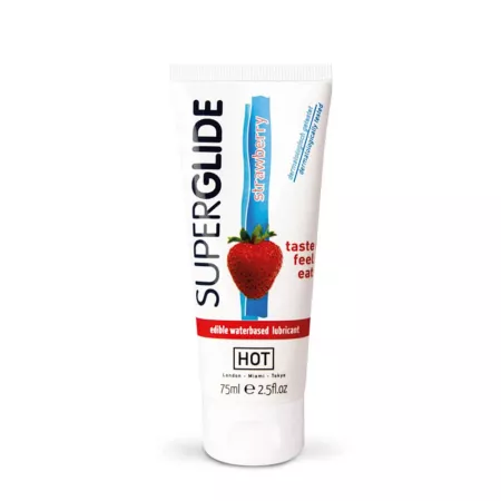 HOT intim síkosító Superglide Edible Lubricant Waterbased Strawberry 75 ml - vízbázisú, ehető, eper ízű, óvszerhez és segédeszközhöz is