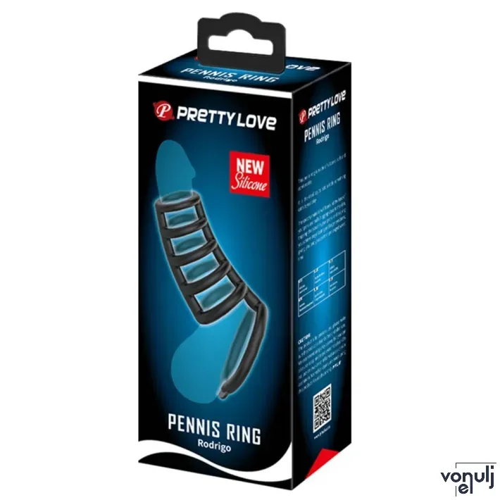 PRETTY LOVE péniszmandzsetta  Rodrigo Penis Ring - fekete színben, gyűrűs felszínnel, vízálló (10 cm )