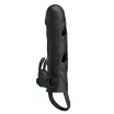 PRETTY LOVE péniszköpeny Penis Sleeve With Ball Strap - fekete színben, vibrációs funkcióval, csiklóizgatóval, vízálló, elemes, (14 cm)