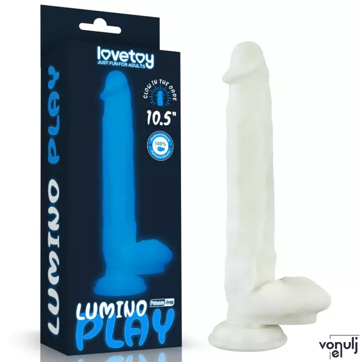 LOVETOY élethű dildó 10,5" LUMINO PLAY - extra nagy méretű, herékkel, rugalmas, letapasztható, sötétben világít, szilikon (26,9 cm)