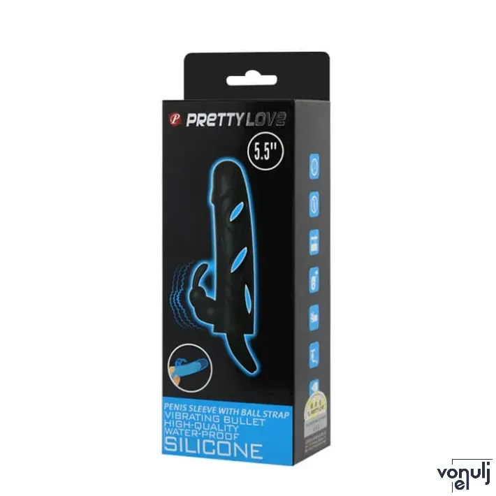 PRETTY LOVE péniszköpeny Penis Sleeve With Ball Strap - fekete színben, vibrációs funkcióval, csiklóizgatóval, vízálló, elemes, (14 cm)