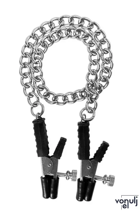 GUILTY PLEASURE mellbimbó csipesz Block Busters Nipple Clamps - fém, ezüst színben, láncos, csavarral állítható