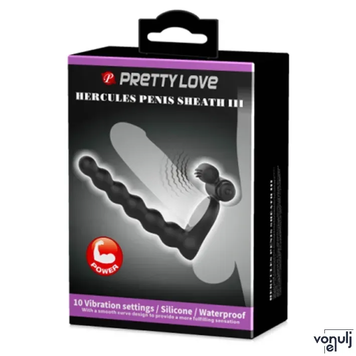 PRETTY LOVE vibrációs péniszgyűrű Hercules Penis Sheath III - fekete színben, vibrációsfunkcióval, anális stimulátorral, elemes