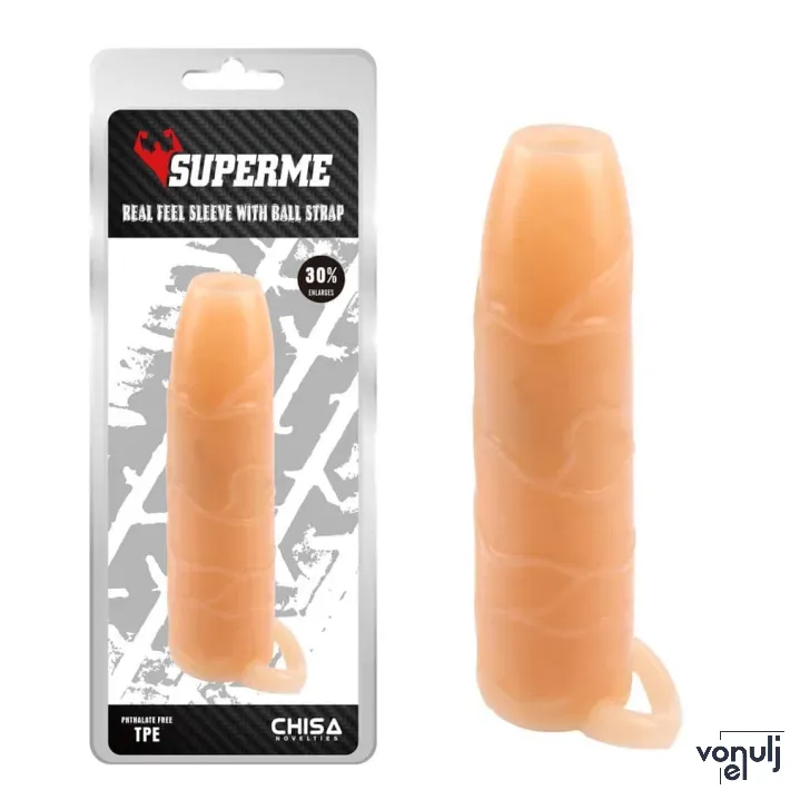 CHISA NOVELTIES péniszköpeny Real Feel Sleeve With Ball Strap - realisztikus, a végén nyitott, testszínű,  vízálló  ( 18 cm )