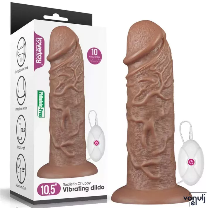 LOVETOY élethű vibrátor 10.5'' Realistic Chubby Vibrating Dildo Brown - vízálló, távirányítóval, tapadókoronggal, elemes, PVC ( 27cm)