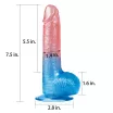LOVETOY élethű dildó 7,5" DAZZLE STUDS 1 - közepes méretű, herékkel, rugalmas, letapasztható, áttetsző piros-kék, TPE/TPR (19 cm)