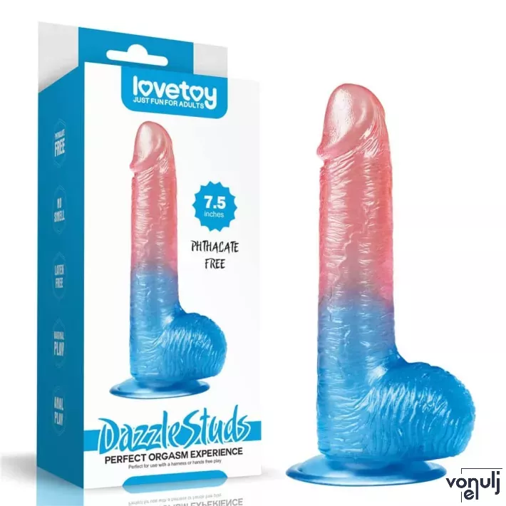 LOVETOY élethű dildó 7,5" DAZZLE STUDS 1 - közepes méretű, herékkel, rugalmas, letapasztható, áttetsző piros-kék, TPE/TPR (19 cm)