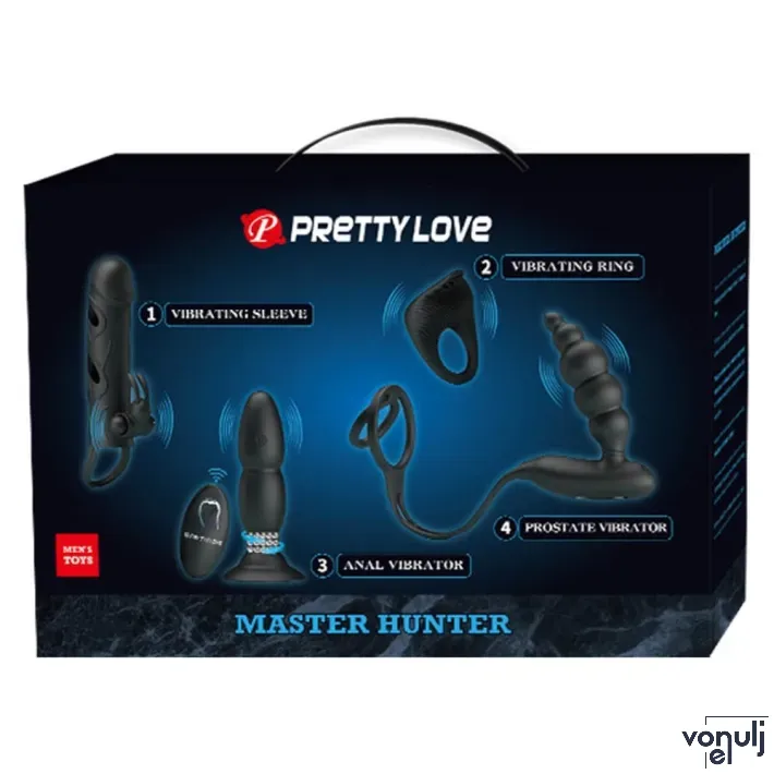PRETTY LOVE vibrátor szett Master Hunter - fenékdugó, péniszköpeny, péniszgyűrű, prosztata izgató