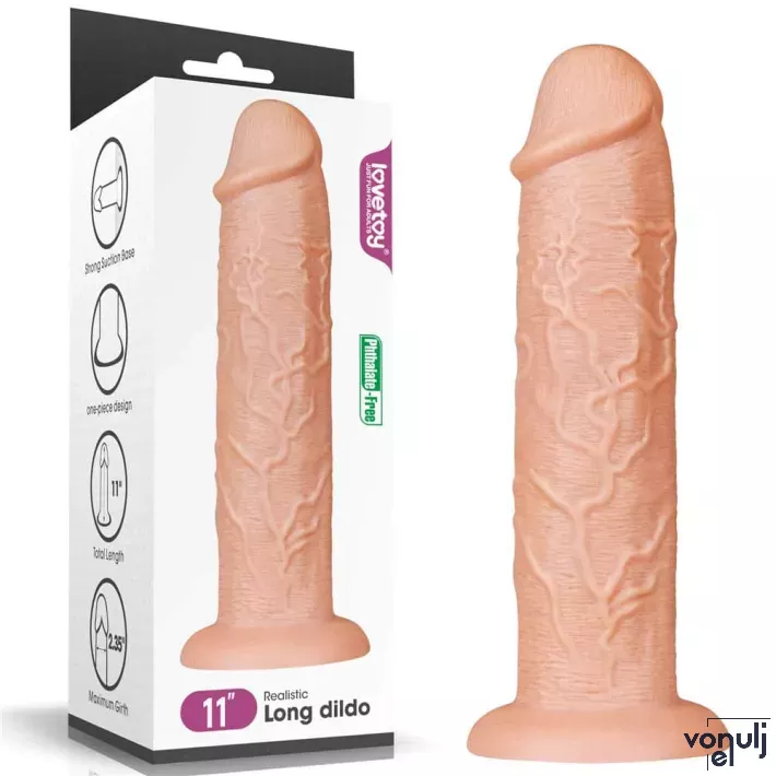 LOVETOY élethű dildó 11" LONG DILDO FLESH - nagy méretű, herék nélkül, letapasztható, PVC (28 cm)