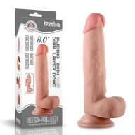 LOVETOY élethű dildó 8" SLIDING SKIN - közepes méretű, vastag, herékkel, kétrétegű, letapasztható, csúsztatható bőrű, TPE (20 cm)