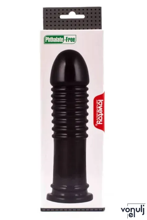 LOVETOY anál dildó King-Sized Anal Bumper - fekete színben, bordázott, letapasztható, vízálló, PVC, 22,5 cm