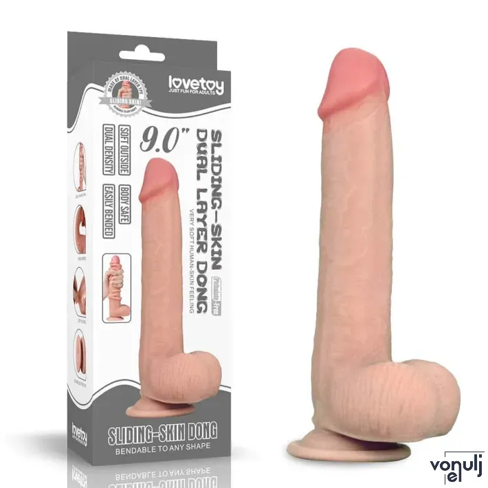 LOVETOY élethű dildó 9" SLIDING SKIN - nagy méretű, vastag, herékkel, kétrétegű, letapasztható, csúsztatható bőrű, TPE (23 cm )