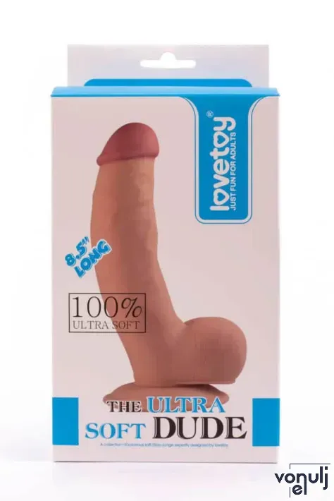 LOVETOY hajlított dildó 8.5 inch The Ultra Soft Dude 1 - realisztikus, testszínű, kétrétegű, herékkel, letapasztható, vízálló, TPE (  21 cm )