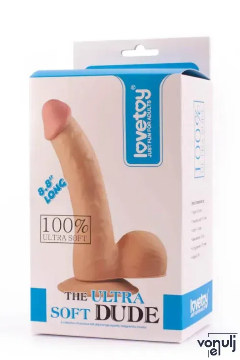 LOVETOY hajlított dildó 8.8" The Ultra Soft Dude - realisztikus, testszínű, kétrétegű, herékkel, letapasztható, vízálló, TPE ( 22 cm )