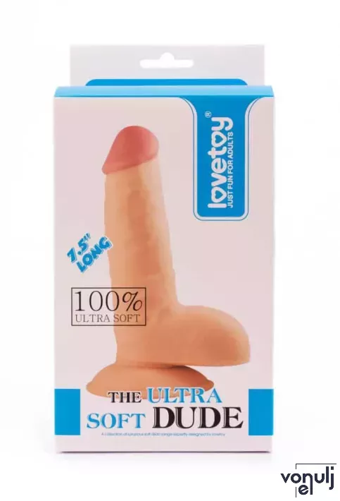LOVETOY élethű dildó 7.5" ULTRA SOFT DUDE - közepes méretű, ultra rugalmas, herékkel, letapasztható, TPE (19 cm)