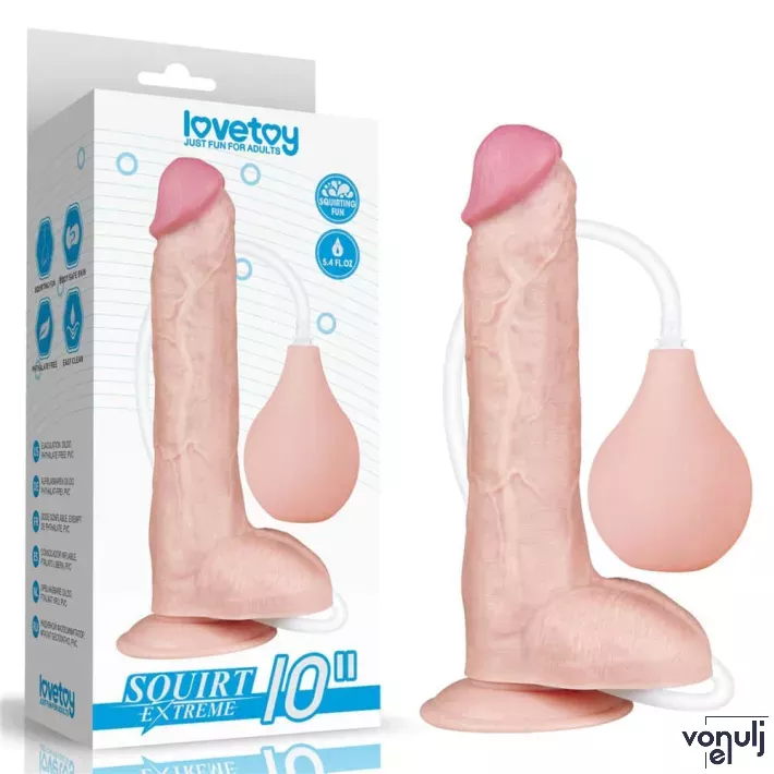LOVETOY élethű dildó 10" SQUIRT EXTREME DILDO - nagy méretű, herékkel, ejakuláló, nagy pumpa, letapasztható, PVC (25 cm)