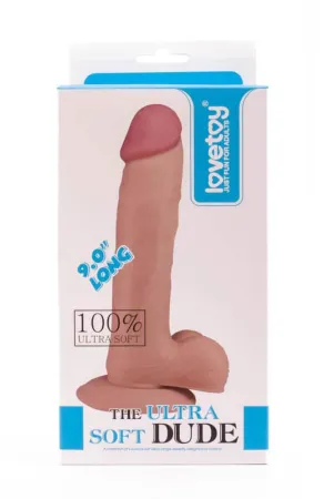 LOVETOY élethű dildó 9" ULTRA SOFT DUDE 5 - nagy méretű, vastag, ultra rugalmas, herékkel, letapasztható, TPE (23 cm)