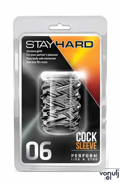 BLUSH péniszmandzsetta Stay Hard Cock Sleeve 06 Clear - áttetsző, barázdás stimuláló felszín, vízálló, (5 cm)