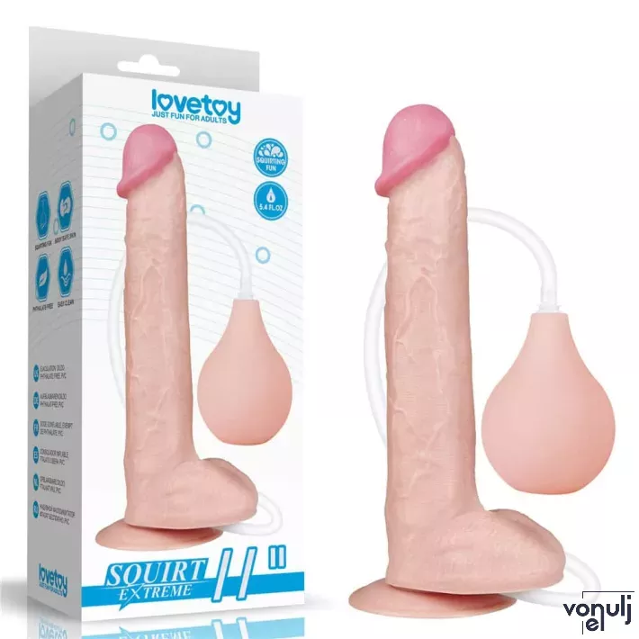 LOVETOY élethű dildó 11" SQUIRT EXTREME DILDO - nagy méretű, herékkel, ejakuláló, nagy pumpa, letapasztható, PVC (28 cm)