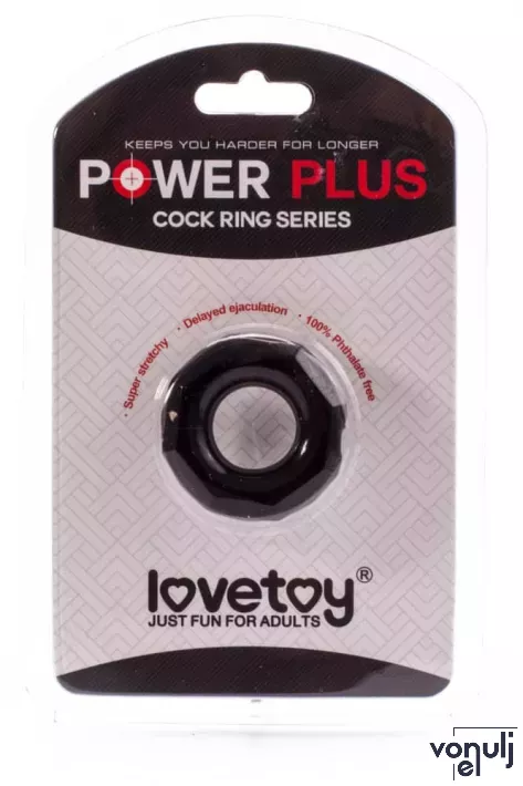 LOVETOY péniszgyűrű Power Plus Cockring 4 - fekete színben, külső stimuláló felülettel, vízálló, vibráció nélküli