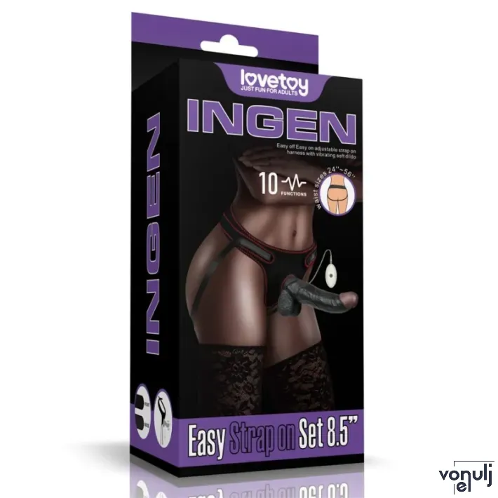 LOVETOY felcsatolható vibrátor Vibrating Easy Strapon Set 8,5'' - realisztikus műpénisz, herés, vízálló, letapasztható, távirányítós