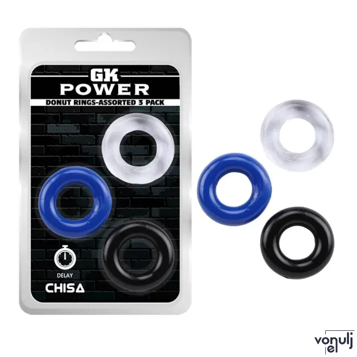 CHISA NOVELTIES péniszgyűrű szett Donut Rings-Assorted 3 Pack - 3 különböző színben, vízálló, vibráció nélküli
