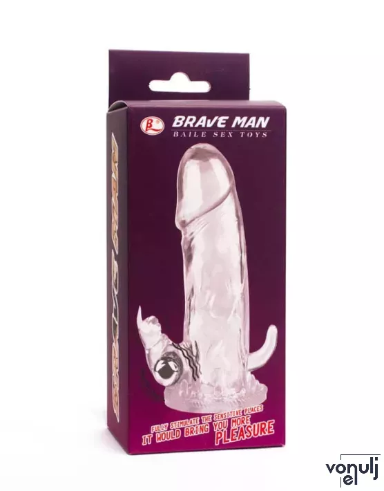 Baile péniszköpeny Brave man Penis Sleeve With Bullet Clear 2 - áttetsző, csiklóizgatós, vibrációs funkcióval, vízálló, elemes, (18 cm)
