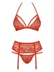 OBSESSIVE szexi együttes 838-SEG-3 - piros színben, csipkés melltartó, tanga, harisnyatartó, S/M méretben