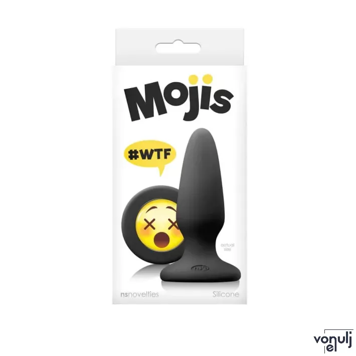 NS NOVELTIES fenékdugó Moji's WTF Medium Black - fekete színben, emojival díszitve, letapasztható, vízálló, szilikon (10,5 cm)