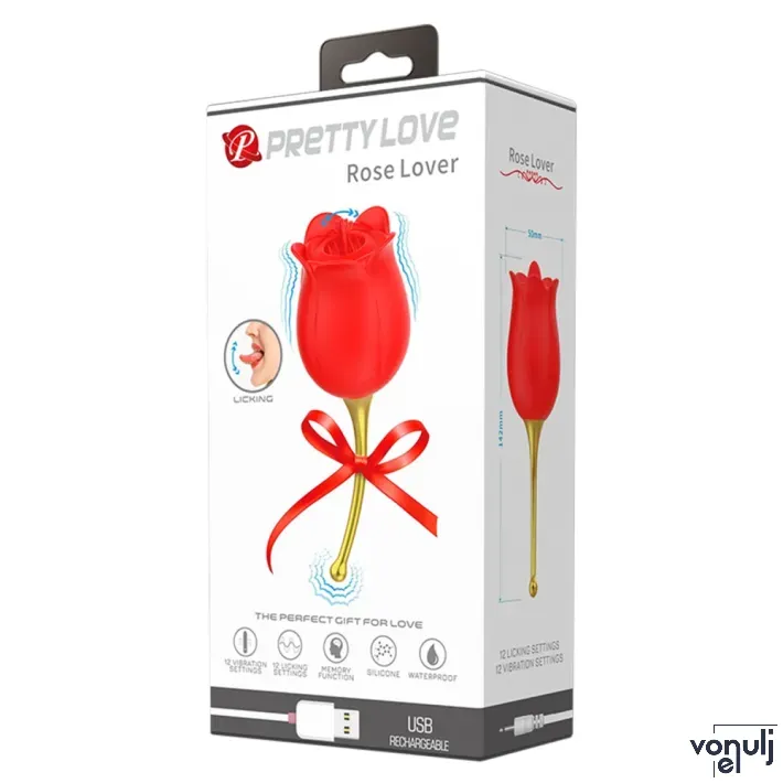 PRETTY LOVE rezgő csiklóizgató Rose Lover - piros színben, rózsa alakú, vízálló, akkumulátoros