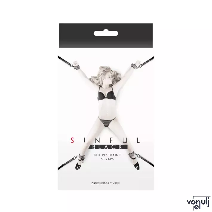 NS NOVELTIES kötöző Sinful Black Bed Restraint Straps - fekete színben, csuklóra és bokára helyezhető ágyhoz rögzítő pánt