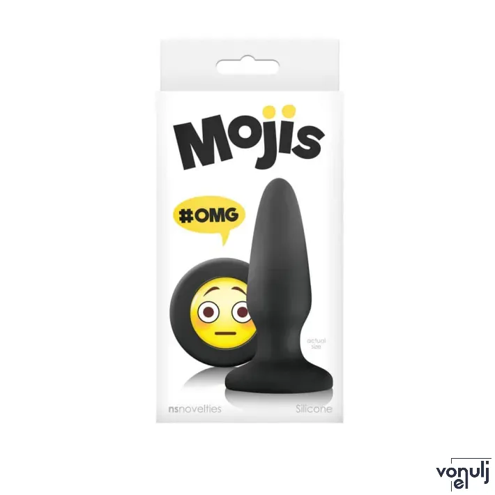NS NOVELTIES fenékdugó Moji's OMG Medium Black - fekete színben, emojival díszitve, letapasztható, vízálló, szilikon (10,5 cm)