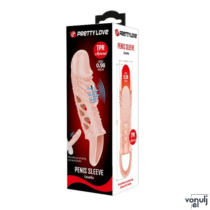 PRETTY LOVE péniszköpeny Penis Sleeve Cecilia Flesh - testszínű, vibrációs funkcióval, herepántos, vízálló, elemes, (14 cm)