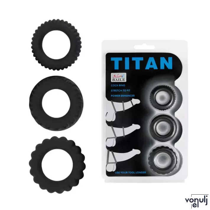 BAILE péniszgyűrű szett Titan 3 in 1 Silicone Rings Black - fekete színben, 3 különböző gyűrű, vibráció nélküli, vízálló