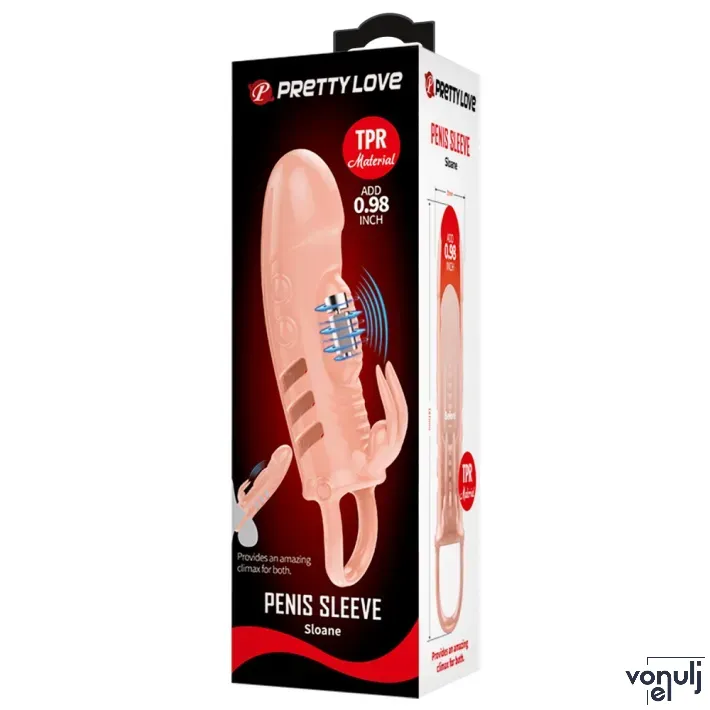 PRETTY LOVE péniszköpeny Penis Sleeve Sloane Flesh - testszínű, vibrációs funkcióval, csiklóizgatós, herepántos, vízálló, elemes, (14,5 cm)