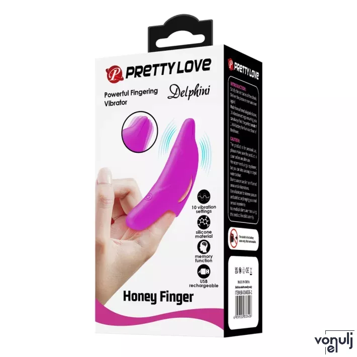 PRETTY LOVE ujjvibrátor Delphini Honey Finger Purple - lila színben, delfin alakú, memória funkcióval, vízálló, akkumulátoros
