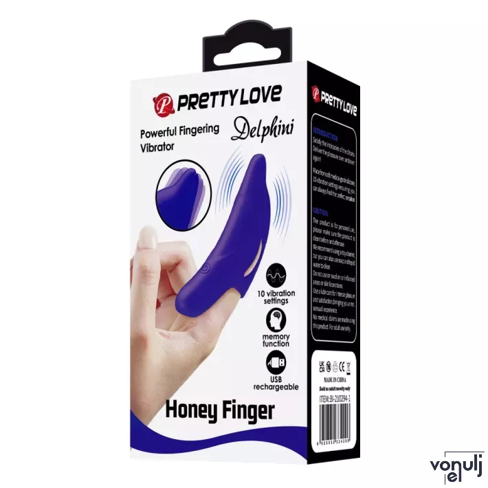 PRETTY LOVE ujjvibrátor Delphini Honey Finger Blue - kék színben, delfin alakú, memória funkcióval, vízálló, akkumulátoros
