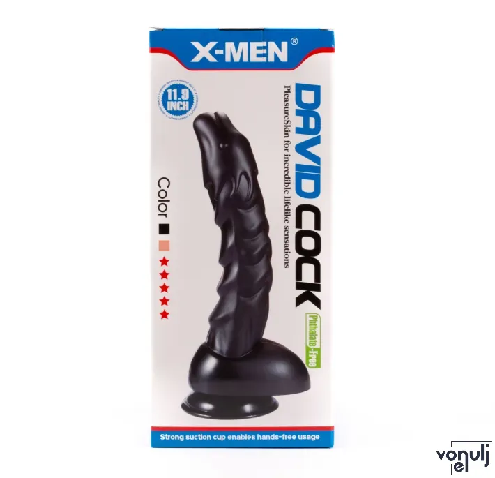 X-MEN nonfiguratív dildó 11,9" David Cock Black - fekete színben, herékkel, hajlítható, letapasztható, vízálló, PVC, 28 cm