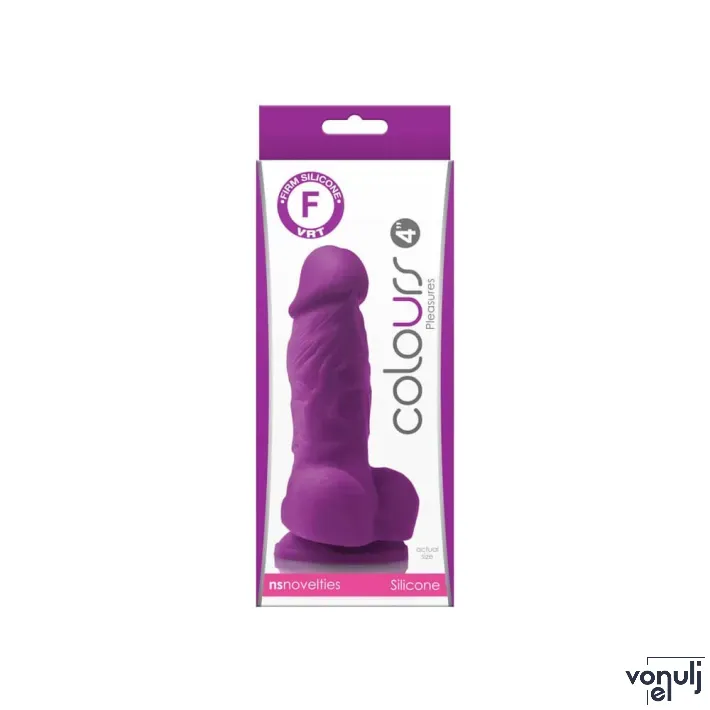 NS NOVELTIES élethű dildó 4" COLOURS PLEASURES - kis méretű, herékkel, letapasztható, lila, szilikon (10 cm)
