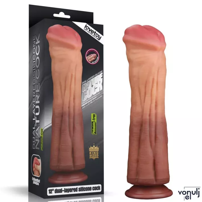 LOVETOY élethű dildó 12" NATURE COCK PLATINUM - nagy méretű, herék nélkül, kétrétegű, letapasztható, szilikon (30 cm)
