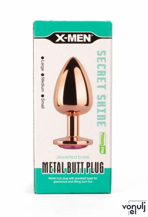 X-MEN fenékdugó Secret Shade Metal Butt Plug Rose L - rózsaarany színben, rózsaszín kővel, L-méretben, vízálló, fém (9.5 cm)